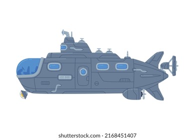 Blue Submarine Watercraft Swimming Underwater Vector Illustration