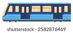 A blue subway train is illustrated with a sleek design and visible doors, highlighting contemporary public transport. The focus is on its streamlined appearance and functional elements.