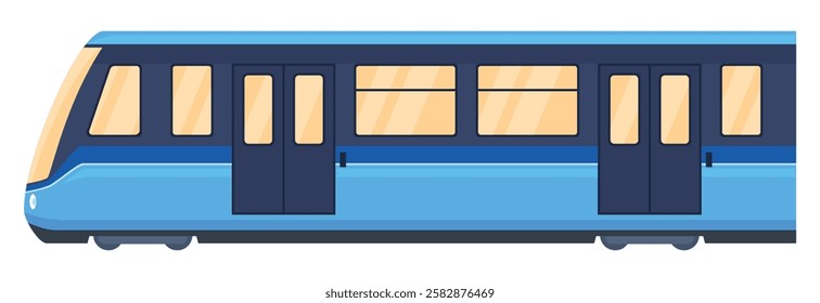 A blue subway train is illustrated with a sleek design and visible doors, highlighting contemporary public transport. The focus is on its streamlined appearance and functional elements.