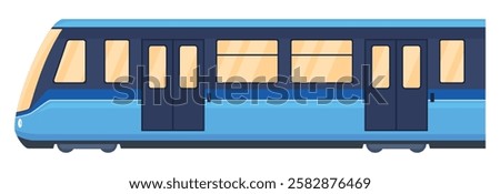 A blue subway train is illustrated with a sleek design and visible doors, highlighting contemporary public transport. The focus is on its streamlined appearance and functional elements.