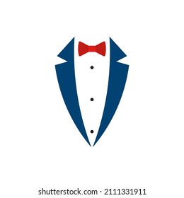 Blue suit with red bow tie logo design icon. Vector illustration. Isolated.