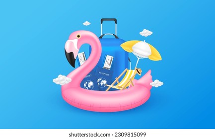 Blue suitcase, air ticket passport and umbrella deck chair in pink flamingo rubber ring colorful inflatable stylish swimming ring. Vacation summer travel concept. For ads media tourism. 3D Vector