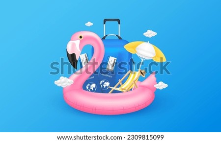 Blue suitcase, air ticket passport and umbrella deck chair in pink flamingo rubber ring colorful inflatable stylish swimming ring. Vacation summer travel concept. For ads media tourism. 3D Vector Foto stock © 