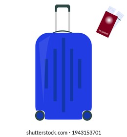 blue suitcase with dark stripes on white background with passport and tickets for travel