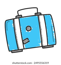 Blue suitcase doodle icon vector isolated. Hand-drawn illustration of baggage. Concept of tourism, vacation and journey. Airport transportation.