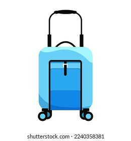Blauer Koffer mit Griffen und vorderen Taschen mit Schlössern. Räder. Vektorgrafik. Transport von Dingen, eine Reise in entfernte Länder. Cartoon