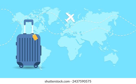 Blue suitcase on background with map, track of travel path and flying airplane icon. Tourism and vacation concept, business trip. Flat vector illustration