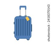 Blue Suitcase on wheels with a handle. Luggage or baggage with a yellow label, plastic bag flying, creative journey concept, travel concept. Flat vector illustration isolated on white background