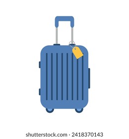 Blue Suitcase on wheels with a handle. Luggage or baggage with a yellow label, plastic bag flying, creative journey concept, travel concept. Flat vector illustration isolated on white background