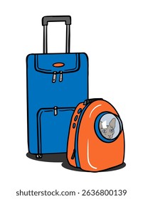Blue suitcase and orange cat carrier backpack illustration. Perfect for pet travel branding, luggage ads, veterinary flyers, social media posts