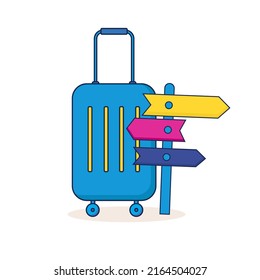 Blue suitcase with pointer.  Travel luggage. Isolated on white background. Vector illustration.