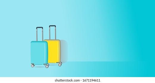 Blue suitcase with sun glasses, hat and camera on pastel blue  background. travel concept. minimal style