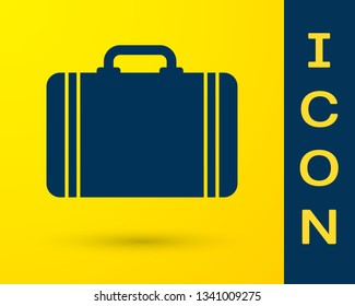 Blue Suitcase for travel icon isolated on yellow background. Traveling baggage sign. Travel luggage icon. Vector Illustration