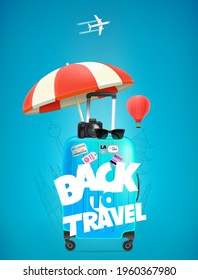 Blue suitcase with umbrella, digital camera and sunglasses. Back to travel