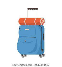 Blue suitcase vector flat cartoon illustration isolated on white background. Travel bag design element, tourism or business trip concept. Family traveling suitcase, cabin luggage and check in baggage.