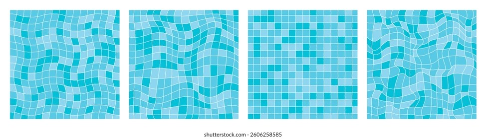 Blue summer background set of swimming pool textures. Underwater tile surface wavy distorted patterns