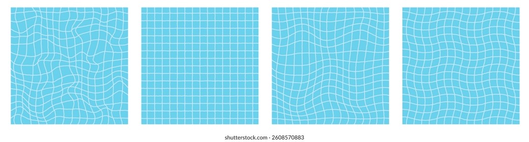 Blue summer background set of swimming pool textures. Underwater tile surface wavy distorted lines