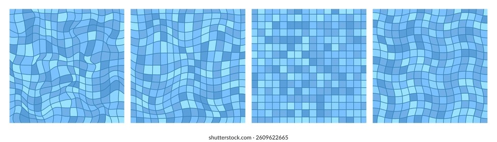 Blue summer background set of swimming pool textures. Underwater tile surface wavy distorted patterns