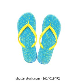 Blue summer beach flip-flops with yellow pattern on white background, shoes for the pool and beach, vector icon.