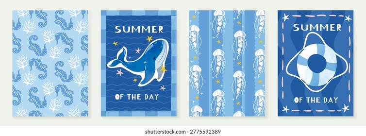 Blue summer beach poster and pattern set vector. Hand drawn seahorse, whale, jellyfish, lifebuoy and ocean background design for video template, banner, kids ads.