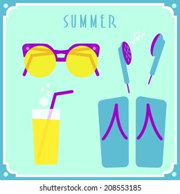 Blue summer card with sunglasses, headphones, cocktail and shoes