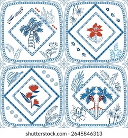 Blue summer ceramic tile seamless pattern with tropical palm tree, jungle flowers, leaves, geometric square elements. Vector beach background, rhombus ornament, botanical exotic textile design, safari
