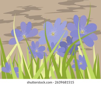 Blue summer flowers among the grass in flat design style. Gentle summer color palette. EPS 10.