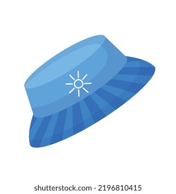 Icono de sombrero azul de verano. Etiqueta de medios sociales, elemento gráfico para sitio web. Protección de la cabeza contra el sol en el tiempo caluroso. Accesorios para la playa en países tropicales. Dibujo vectorial plano de dibujos animados