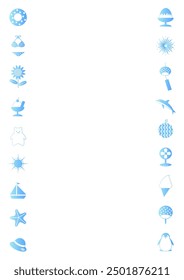 Blue summer icons pattern. Frame design with summer images. Vector illustration. White background.