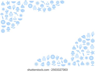 Blue summer icons pattern. Frame design with summer images. Vector illustration. White background.