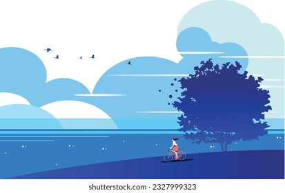 Blue summer landscape with thundercloud and woman looking at sea in shade
