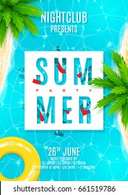 Blue summer party flyer. Beautiful background with top view on sea, sea shore and palm trees. Vector illustration. Invitation to nightclub.