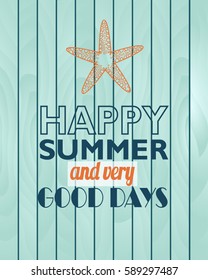 blue summer poster with wooden texture and starfish