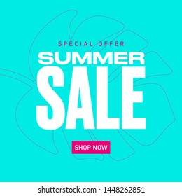 Blue summer sale banner with leaves background.