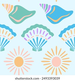 Blue summer seashells and sun vector seamless pattern. Marine surface design with scallop, spiral shell and sun shapes in modern hand drawn style on light background. Beach repeat tile, pastel colors