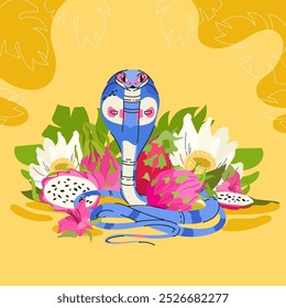 Blue summer snake with pitahaya fruits and flowers on yellow background. The symbol of the year. Bright tropic Vector illustration cartoon flat character magic creature