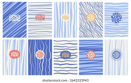 Blue summer striped backgrounds set. Uneven stripes, streaks, sea water waves. Deformed hand drawn wavy doodle curved winding lines, rectangle patterns. Hello it's summer time hand lettering.