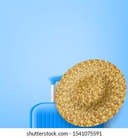 Blue Summer Time Travel Bag Template With Hat. EPS10 Vector