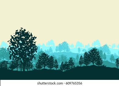 Blue summer trees silhouettes background vector illustration. Horizontal abstract banner of wood covered hills.