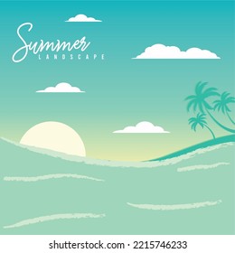 Blue summer trip scenary view with silhouettes of palm tree Vector