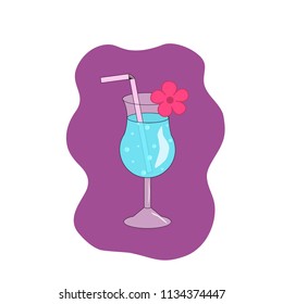 Blue summer tropical cocktail with bubbles in a glass, decorated with flower and straw, vector illustration