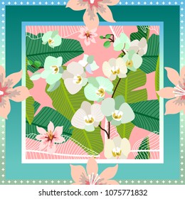 Blue summer tropical garden. Squared silk scarf with orchids, palm leaves and blooming flowers on pink background. 