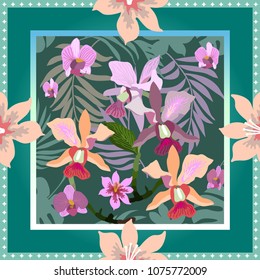 Blue summer tropical garden. Squared silk scarf with orchids, palm leaves and blooming flowers on dark background. 