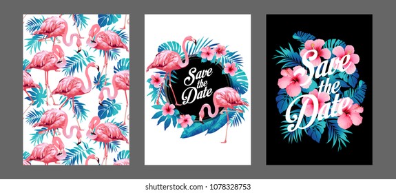Blue summer tropical palm leaves with exotic flamingo and hibiscus flowers. Vector templates. Design element for card, poster, banner, and other use.