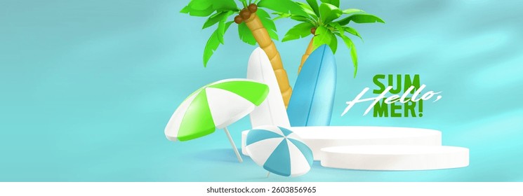 Blue summer tropical vacation scene with white sand beach podium display, colorful striped umbrellas, surfboards and palm trees. 3d product showcase mock up for sea holiday or travel agency.