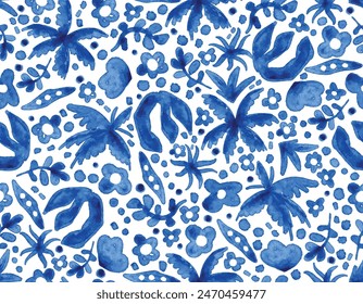 Blue Summer tropical watercolor flower nature art seamless pattern vector illustration. Modern hand drawn painting, Design for fashion , fabric, textile, wallpaper , wrapping and all prints 