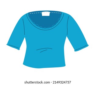 Blue summer T-shirt - modern flat design single isolated object. Neat detailed image of womens home wear with ruffles. Clothes for every day, shopping, recreation, urban fashion and style idea