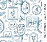 Blue summer vacation seamless pattern. Vector sea travel stamps wallpaper. Sailboat, beach house, ocean vibe, palms, whale, hibiscus flower. Hand drawn textile design, repeat background, fabric, print