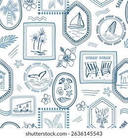 Blue summer vacation seamless pattern. Vector sea travel stamps wallpaper. Sailboat, beach house, ocean vibe, palms, whale, hibiscus flower. Hand drawn textile design, repeat background, fabric, print