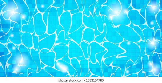 Blue summer water waves with reflections in swimming pool. Realistic poolside vector background with sunny underwater pattern, texture or template